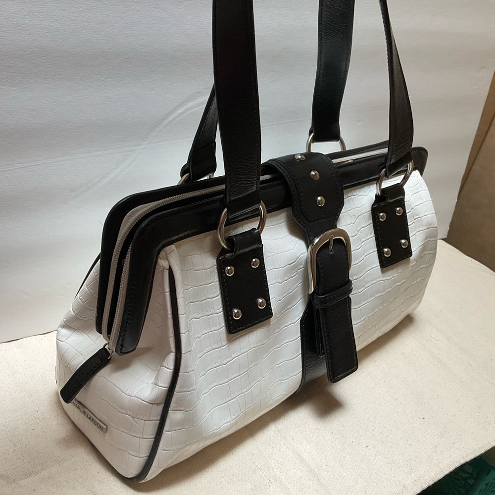 Charlie Lapson White and Black Croc-embossed Leather Satchel Handbag Studded